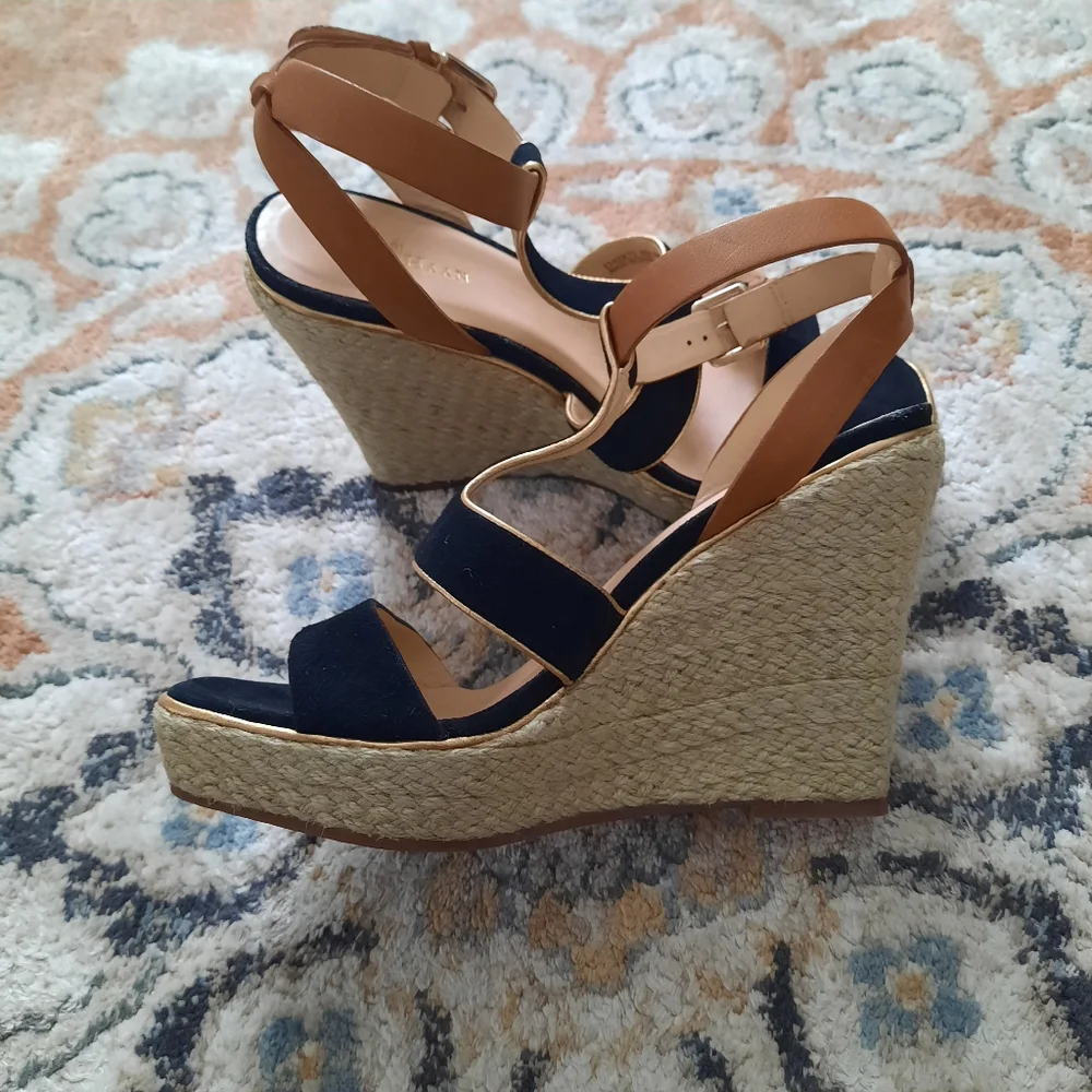 Cole Haan Navy and Tan Espadrille Wedge Sandals